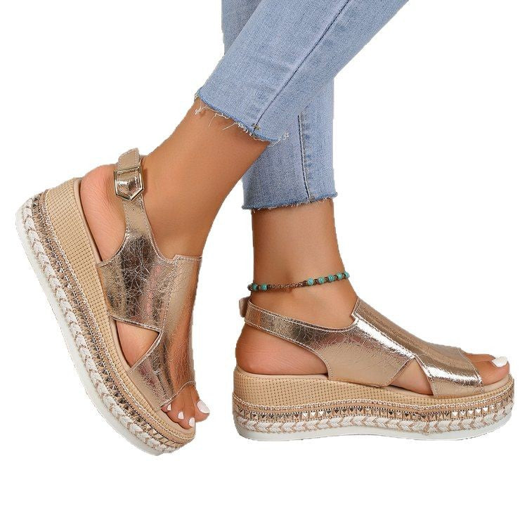 Womens Metallic Wedge Sandals - Fish Mouth Platform Heels with Buckle Strap | Gold & Silver Fashion Sandals TED