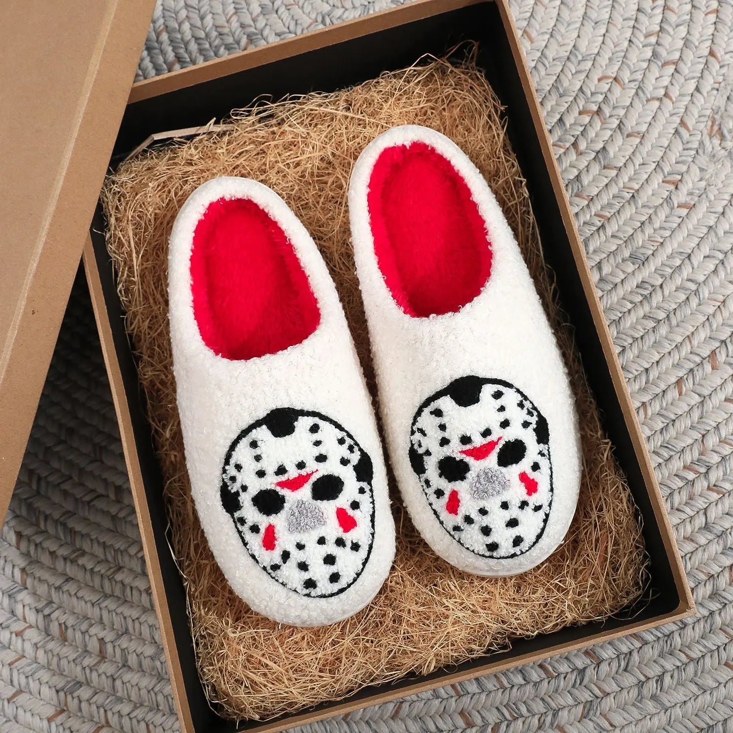Halloween Plush Slippers Skull Pumpkin Ghost Cozy Anti-Slip Indoor Shoes TED