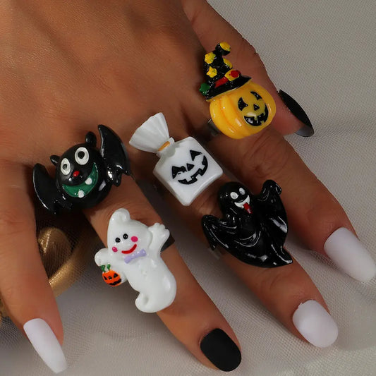 Halloween Cartoon Rings – Pumpkin Ghost Bat Resin Party Jewelry for Women CJ