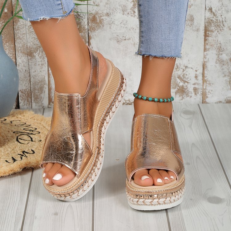 Womens Metallic Wedge Sandals - Fish Mouth Platform Heels with Buckle Strap | Gold & Silver Fashion Sandals TED