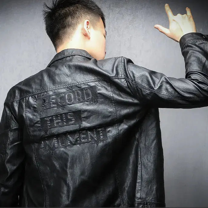Mens PU Leather Jacket Slim Fit Zipper Coat for Spring & Fall TED