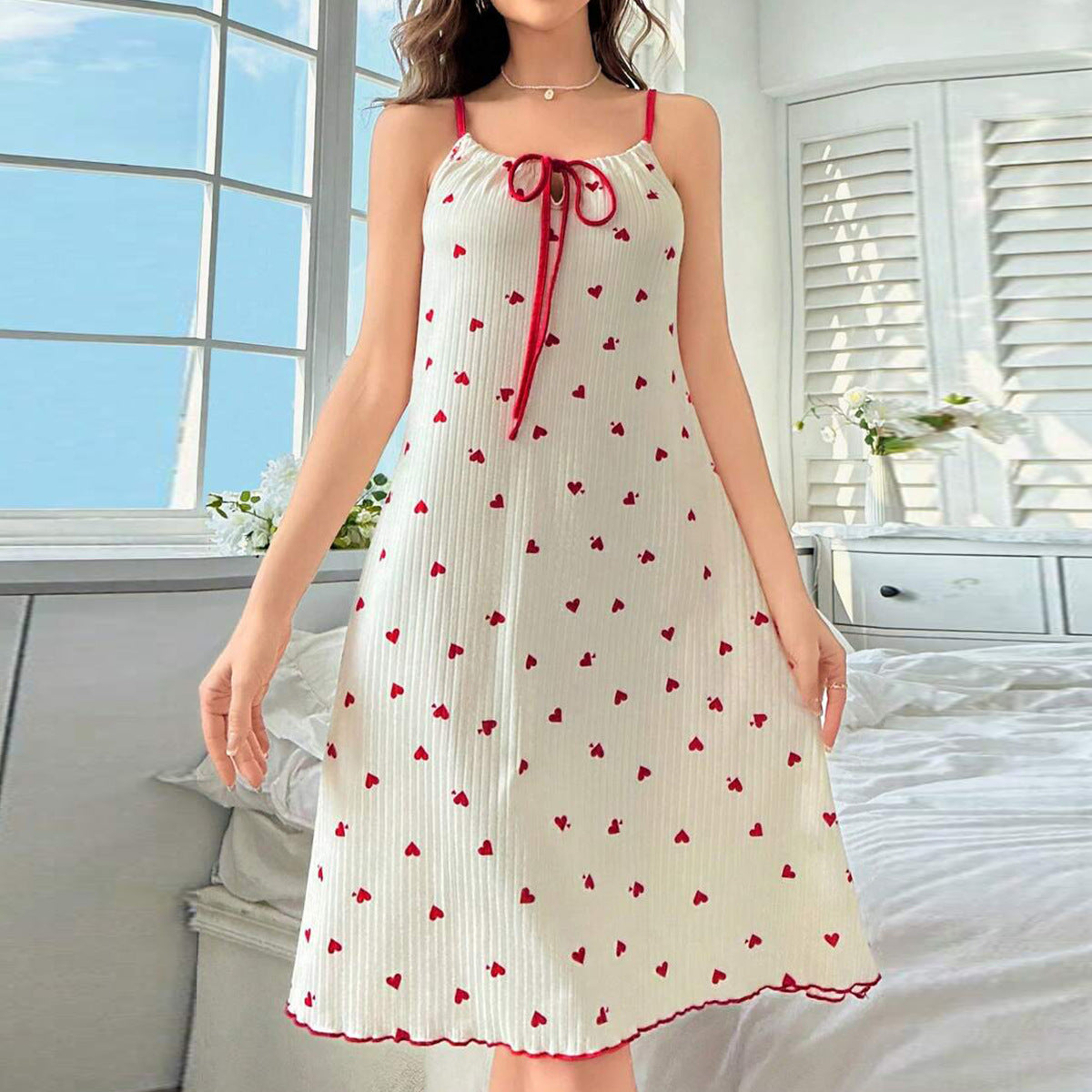 Womens Lace-Up Love Print Nightgown - Valentine Sleeveless Lounge Dress | Soft Ribbed Sleepwear for Women TED