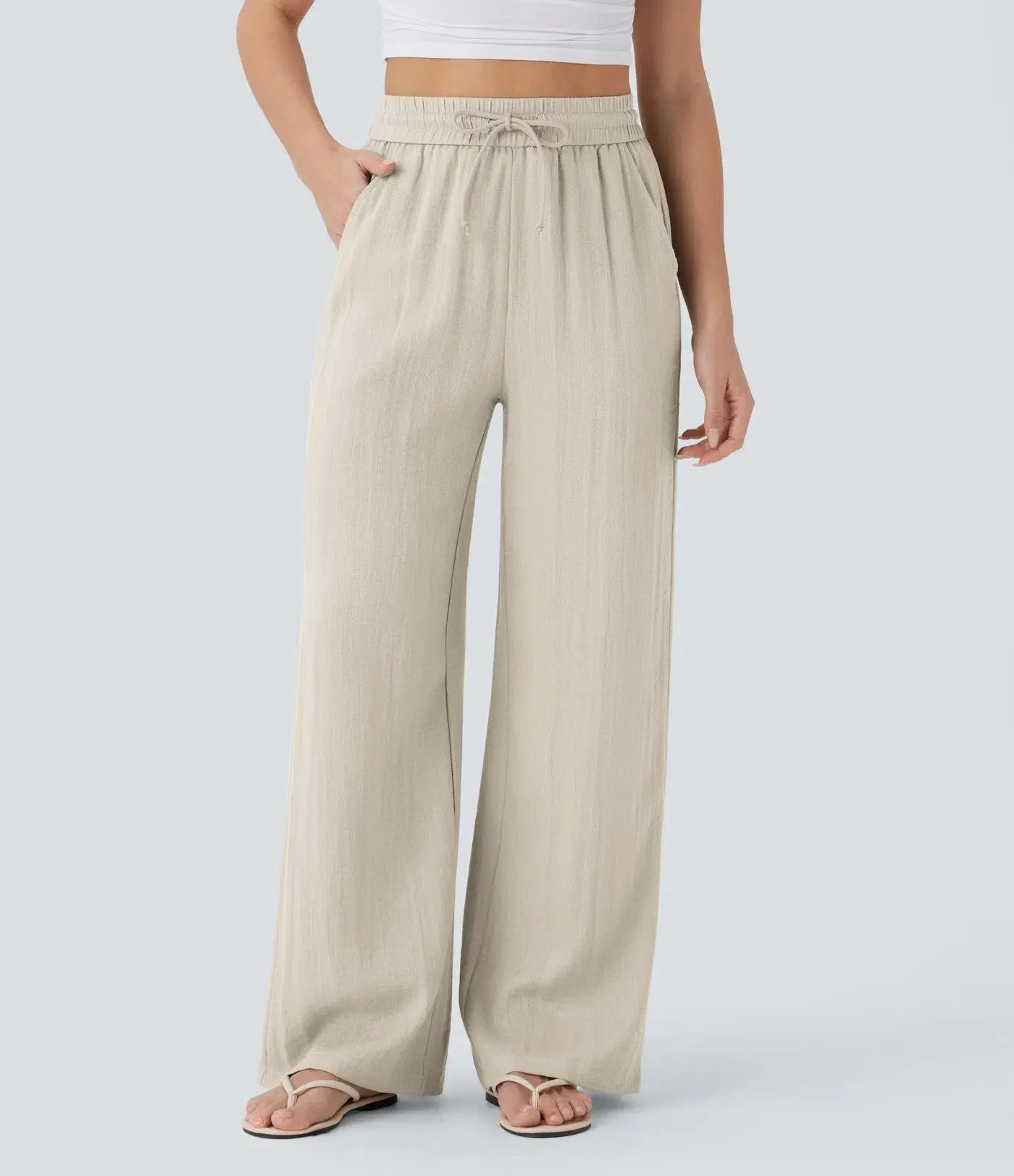 Women’s High-Waisted Wide Leg Pants – Drawstring Linen-Feel Trousers with Pockets | Casual Relaxed Fit TED