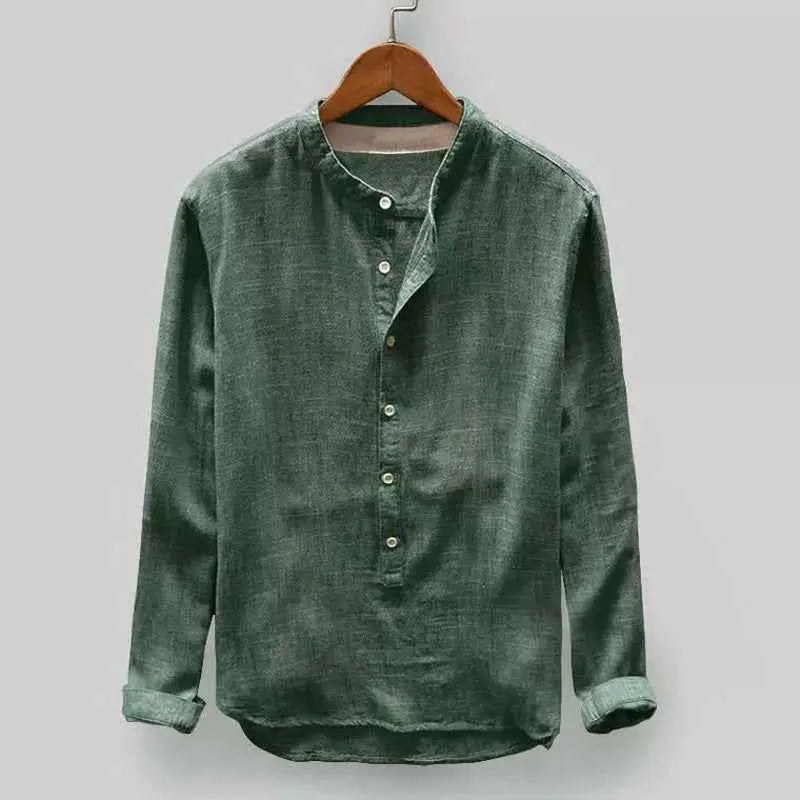 Mens Stand Collar Long Sleeve Shirt  Lightweight Cotton Blend Casual Loose Fit Top