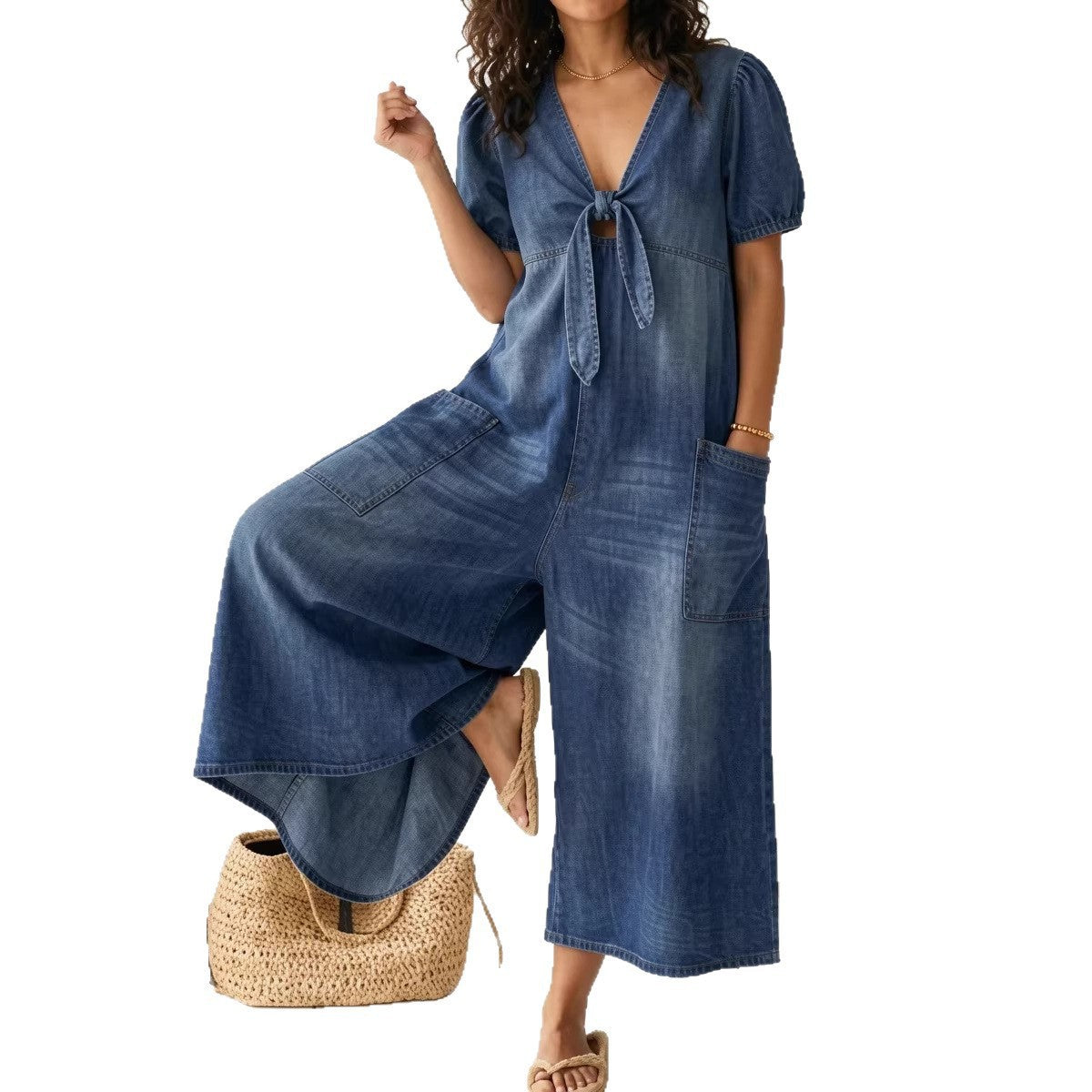 Womens Denim V-Neck Jumpsuit - Casual Loose Fit Straight Leg Romper | Free Shipping