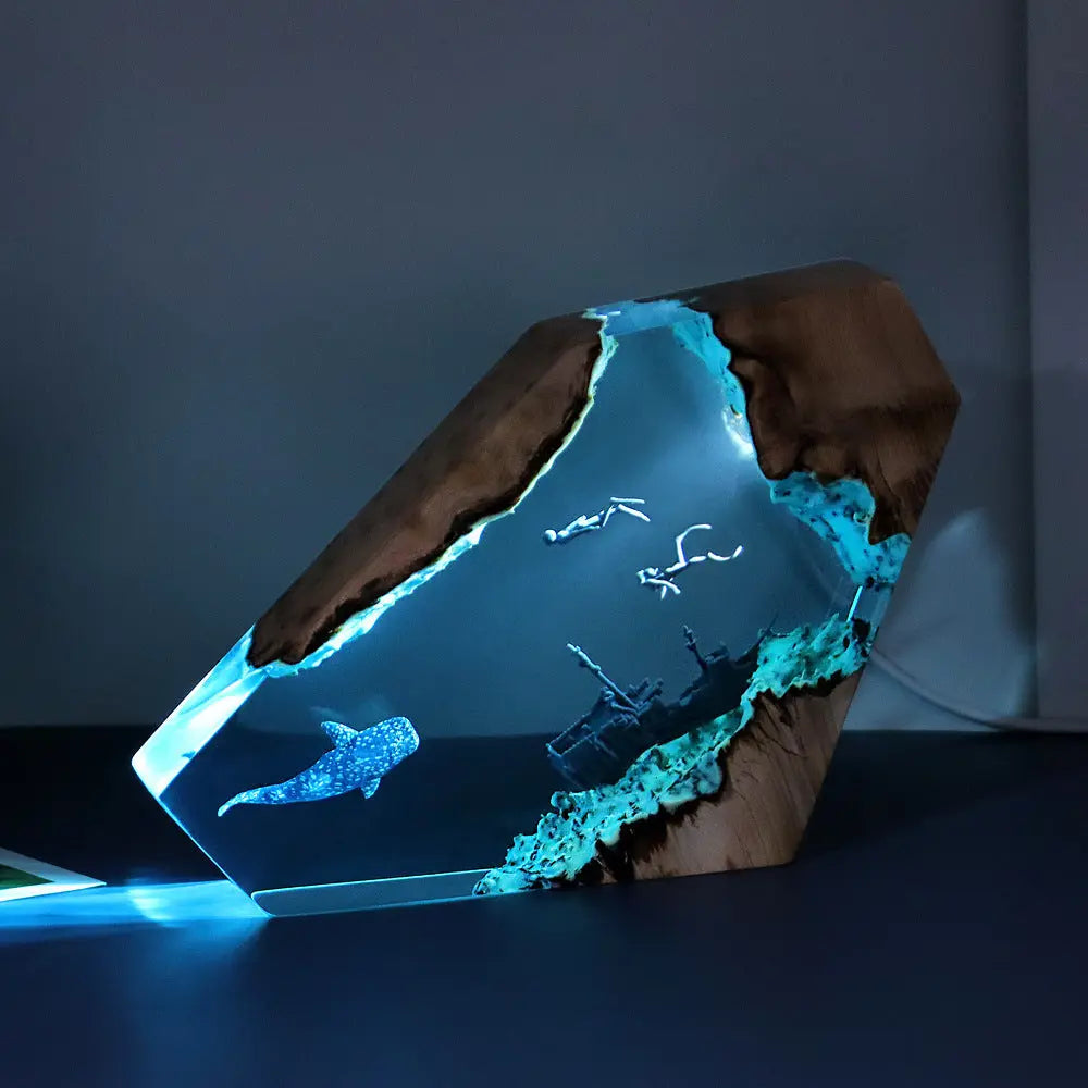 Ocean Whale Resin Lamp with Sunken Ship LED Night Light with Wooden Base Decor TED