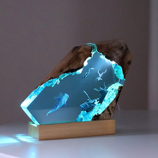 Ocean Whale Resin Lamp with Sunken Ship LED Night Light with Wooden Base Decor TED