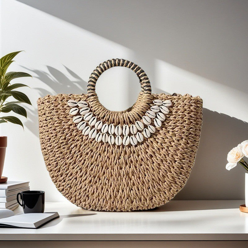 Bohemian Straw Shell Bag - Woven Semi-Circle Beach Handbag | Summer Vacation Boho Purse TED