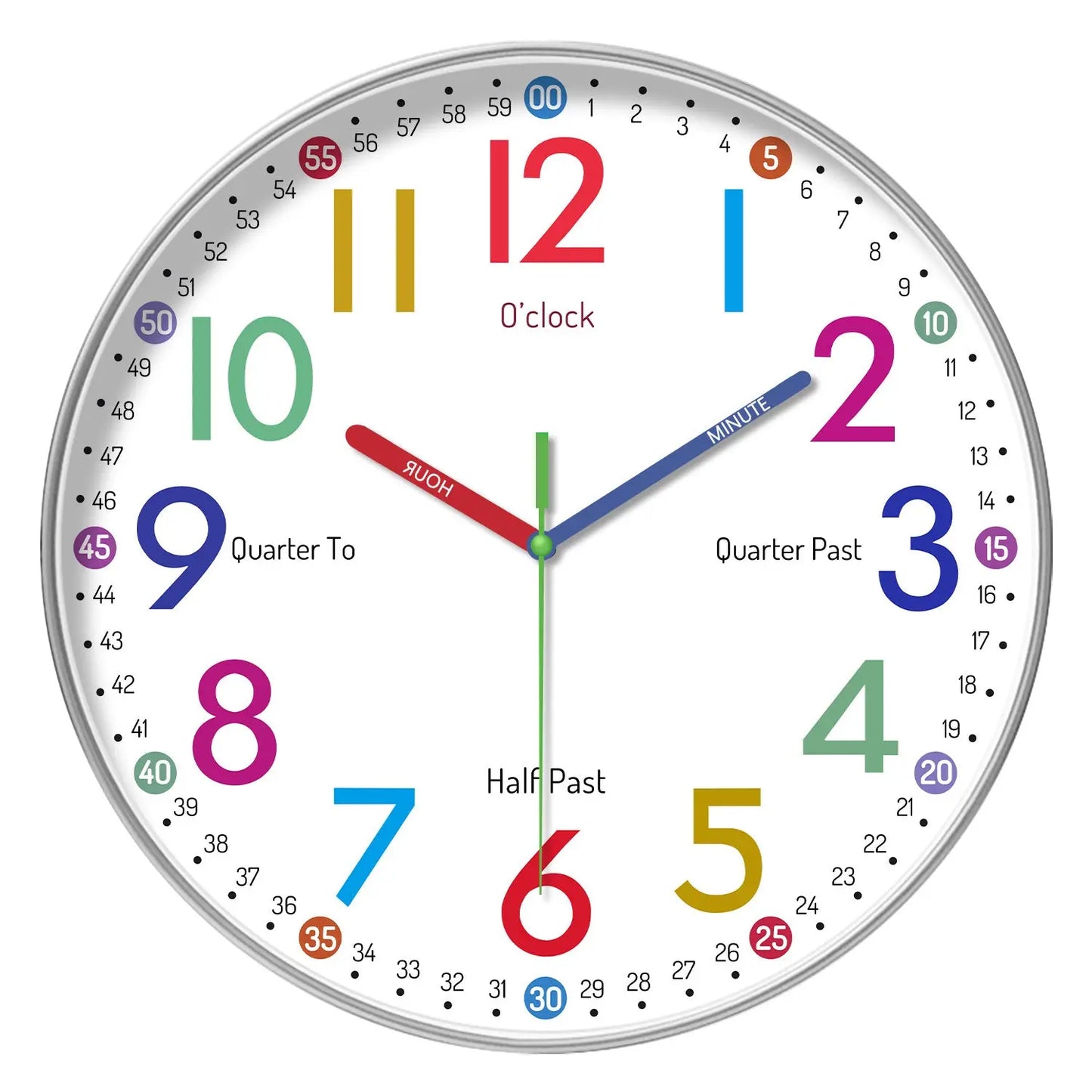 Rainbow Silent Wall Clock ? Modern Quartz Educational Clock for Kids & Home | Colorful No-Tick Decorative Clock TED