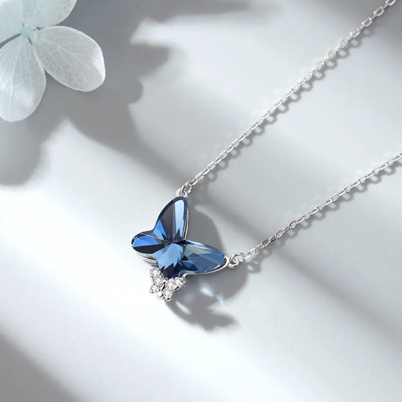 925 Sterling Silver Butterfly Necklace - Sapphire Blue CZ Pendant Necklace | Elegant Adjustable Women?s Jewelry