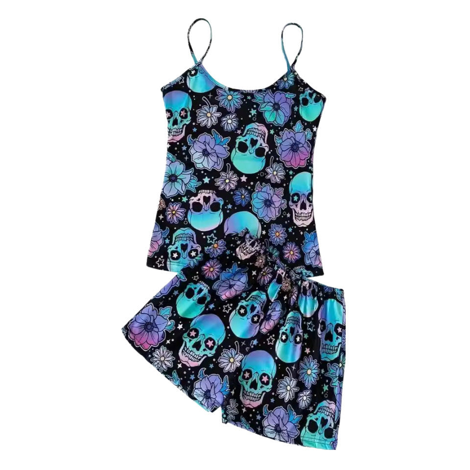 Womens Skull Print Pajama Set - Halloween Floral Sling Top & Shorts Loungewear | Soft Milk Silk Sleepwear TED