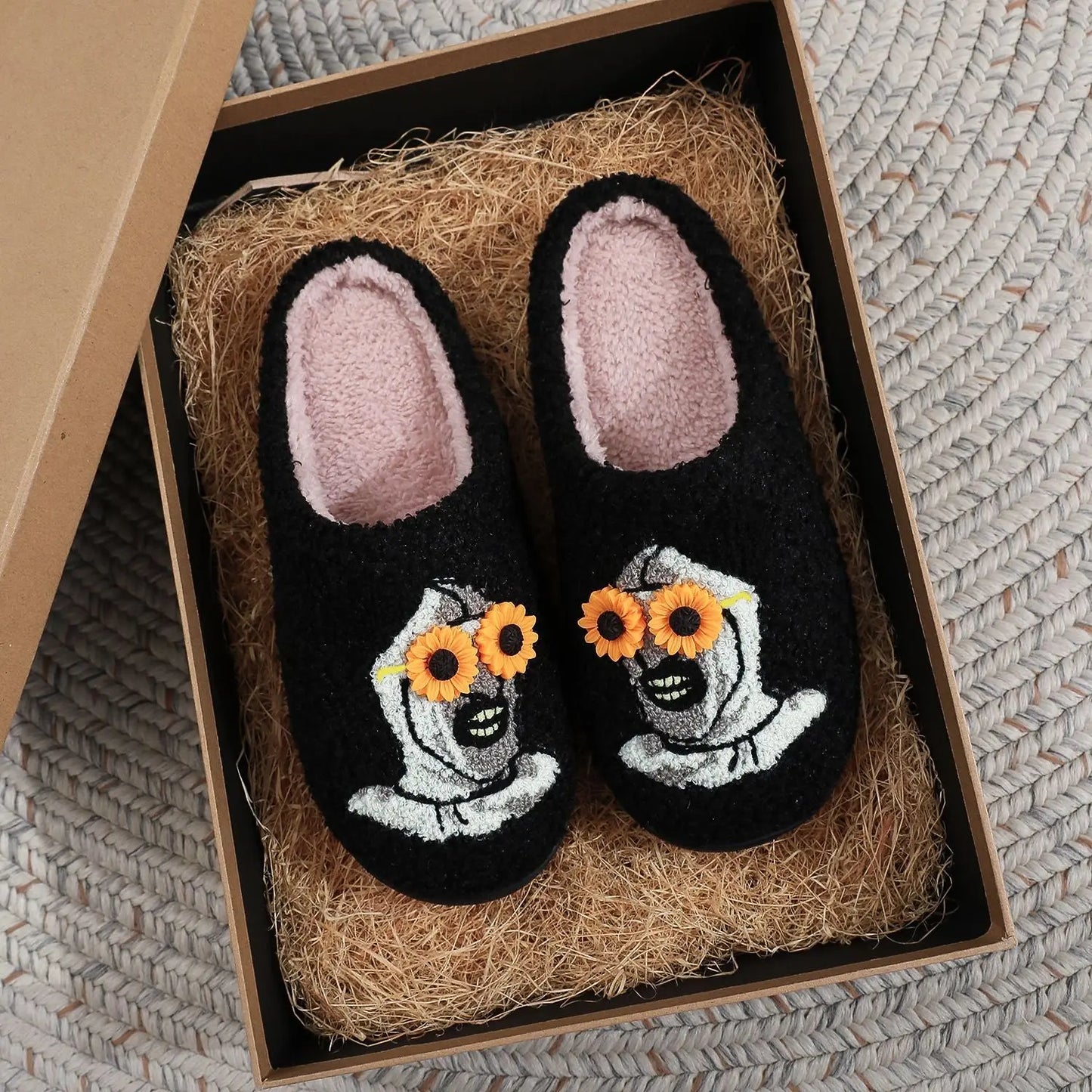 Halloween Plush Slippers Skull Pumpkin Ghost Cozy Anti-Slip Indoor Shoes TED