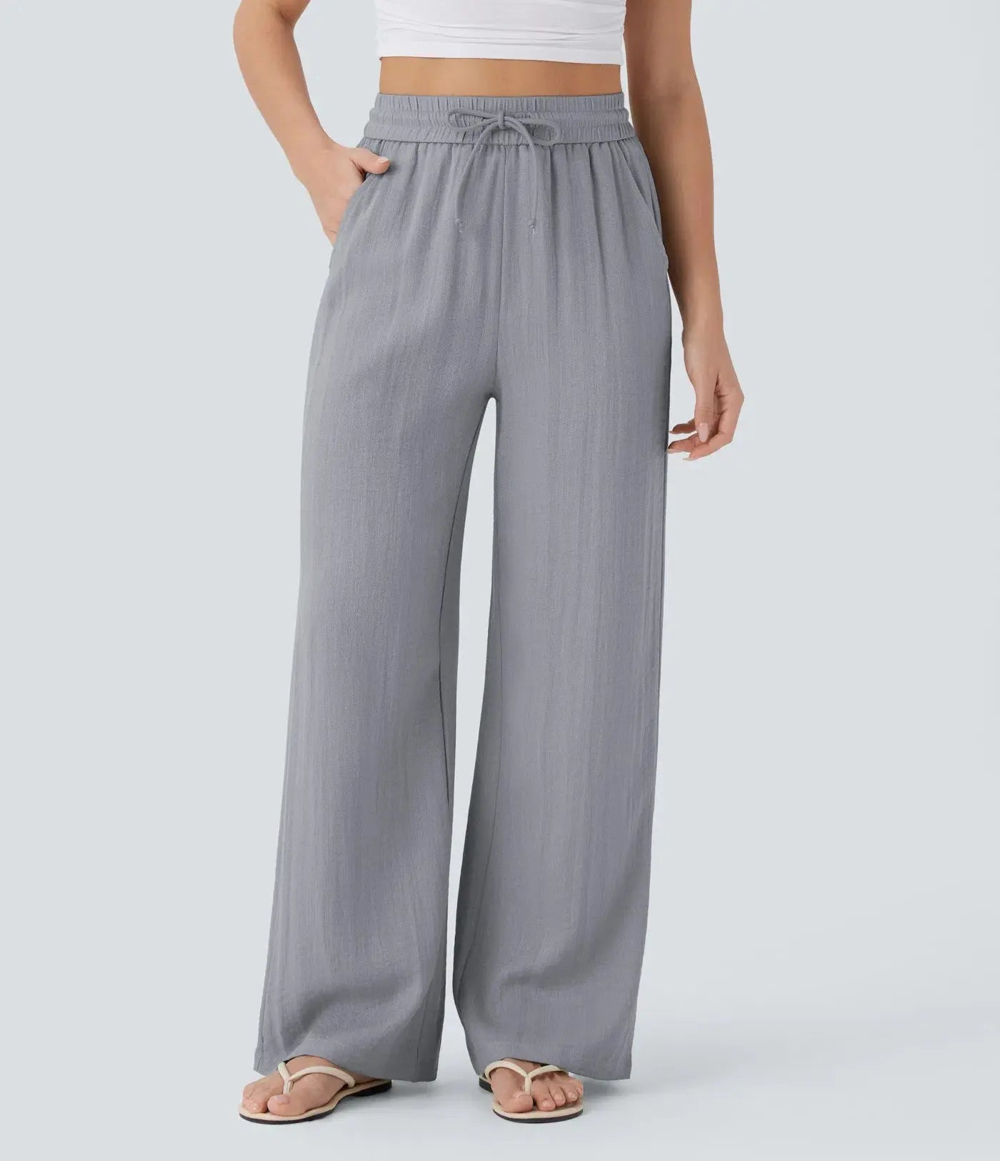 Women’s High-Waisted Wide Leg Pants – Drawstring Linen-Feel Trousers with Pockets | Casual Relaxed Fit TED