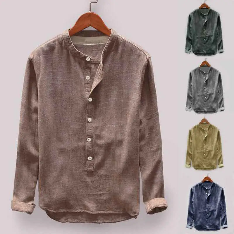 Mens Stand Collar Long Sleeve Shirt  Lightweight Cotton Blend Casual Loose Fit Top