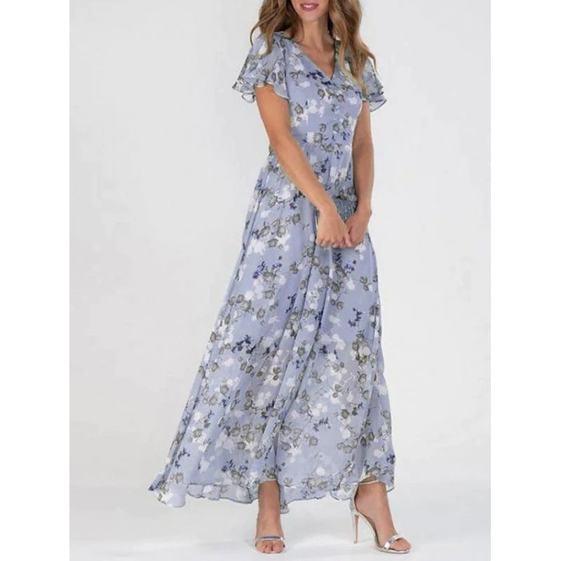 Womens Floral Chiffon Maxi Dress - Ruffle V-Neck Off-Shoulder Swing Dress | Elegant Boho Summer Dress TED
