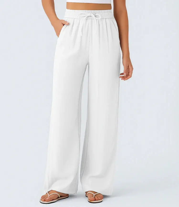 Women’s High-Waisted Wide Leg Pants – Drawstring Linen-Feel Trousers with Pockets | Casual Relaxed Fit TED