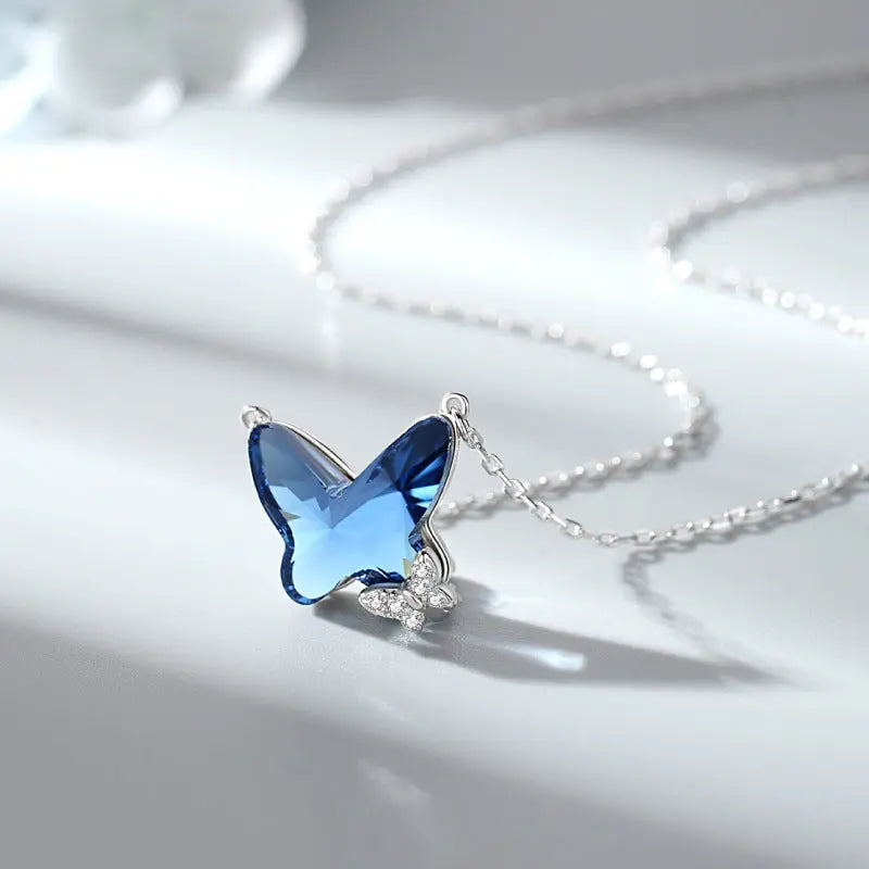925 Sterling Silver Butterfly Necklace - Sapphire Blue CZ Pendant Necklace | Elegant Adjustable Women?s Jewelry