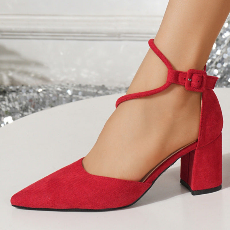 Womens Pointed Toe Suede High Heels - Thick Heel Buckle Pumps | Elegant Fashion Dress Shoes TED