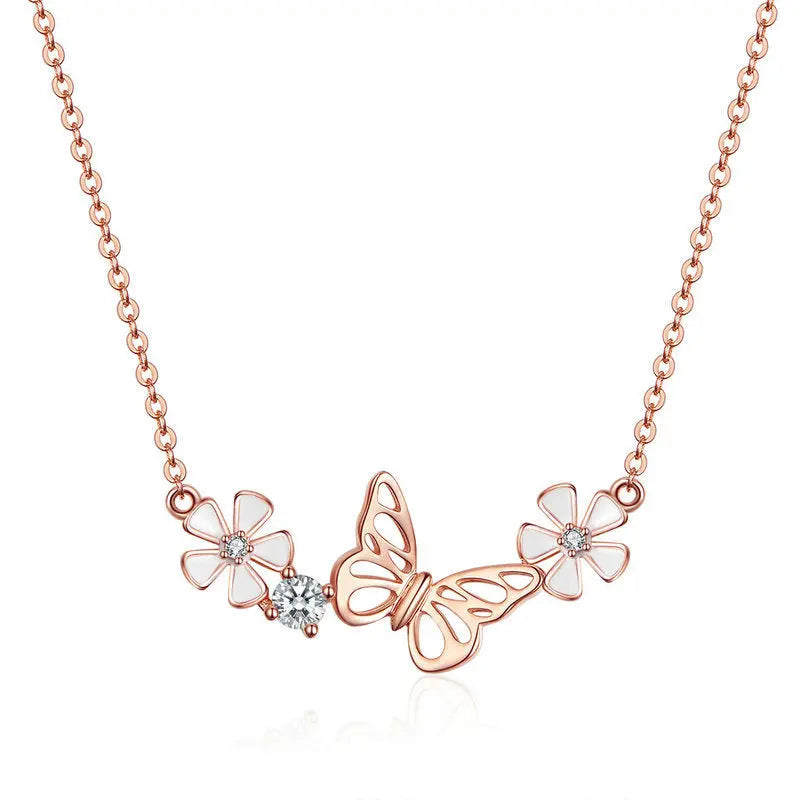 925 Silver Butterfly Flower Necklace - Elegant Floral Pendant Jewelry | Adjustable Water Wave Chain for Women