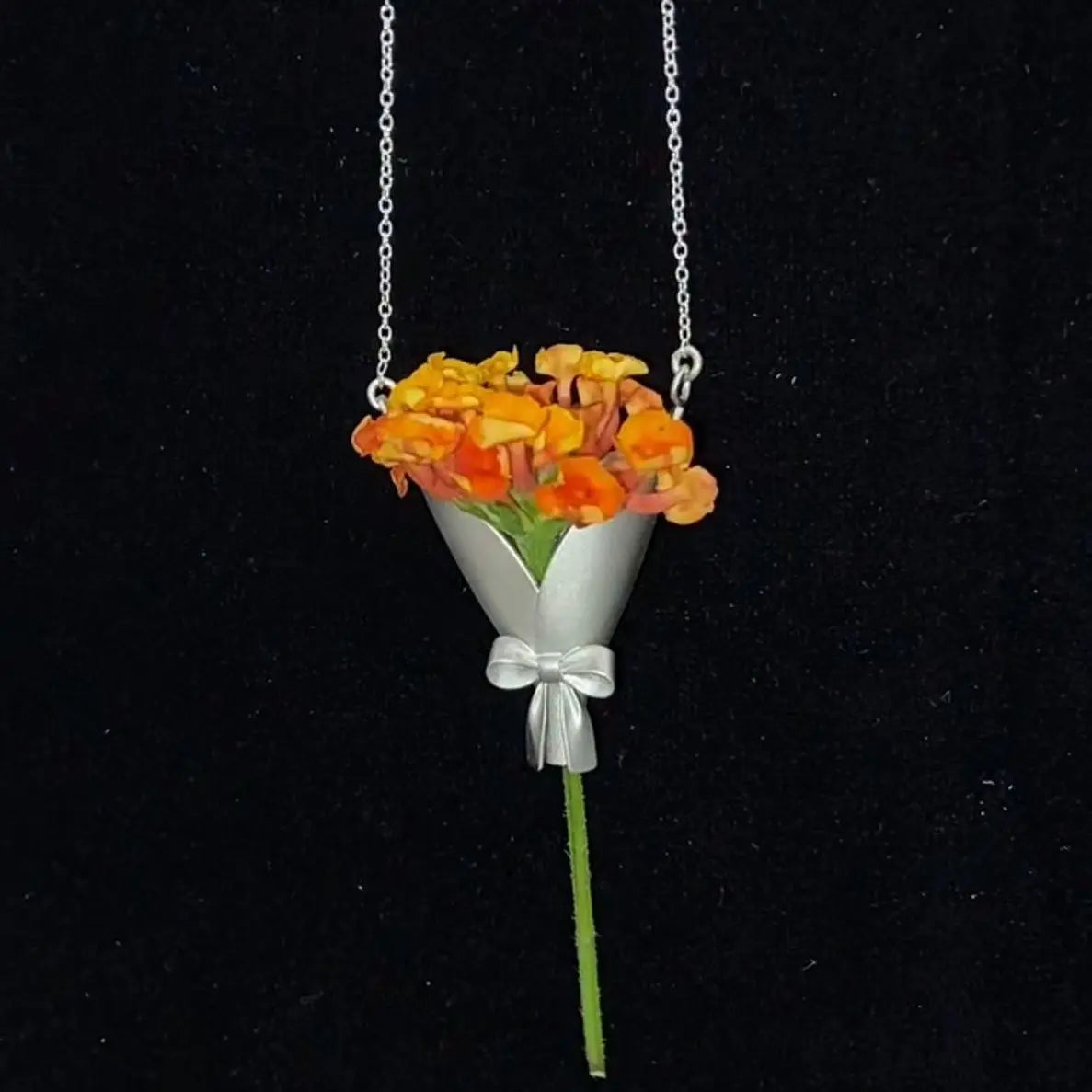 Chinoiserie Floral Necklace  Geometric Copper Pendant Adjustable Chain (Unisex) TED