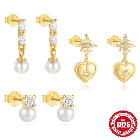 S925 Sterling Silver Star & Heart Pearl Earrings - Elegant Zirconia Drop Earrings | Valentines Day Jewelry Gift TED